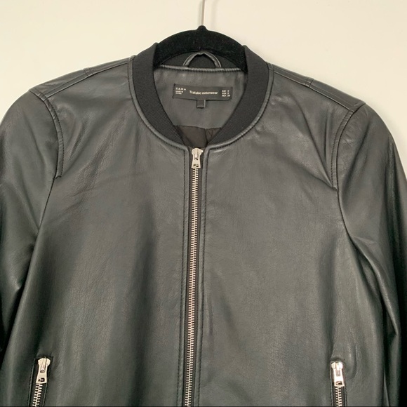 ZARA Black Faux Leather Full Zip Bomber Jacket - Picture 3 of 16